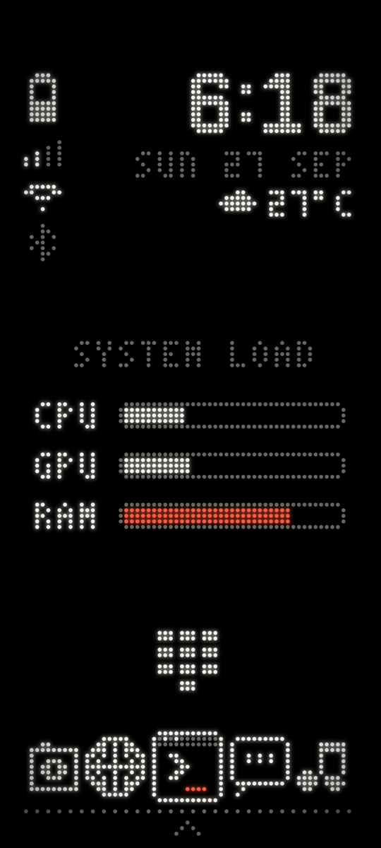 A phone home screen made of dots: a clock, system load bars and a dock