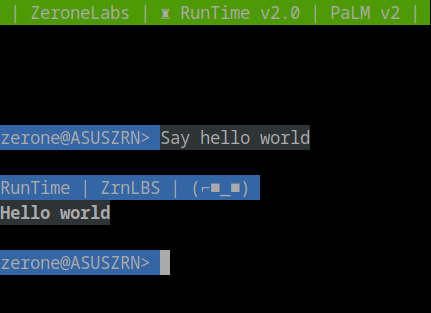 A terminal where 'Say hello world' is typed and 'Hello world' is printed