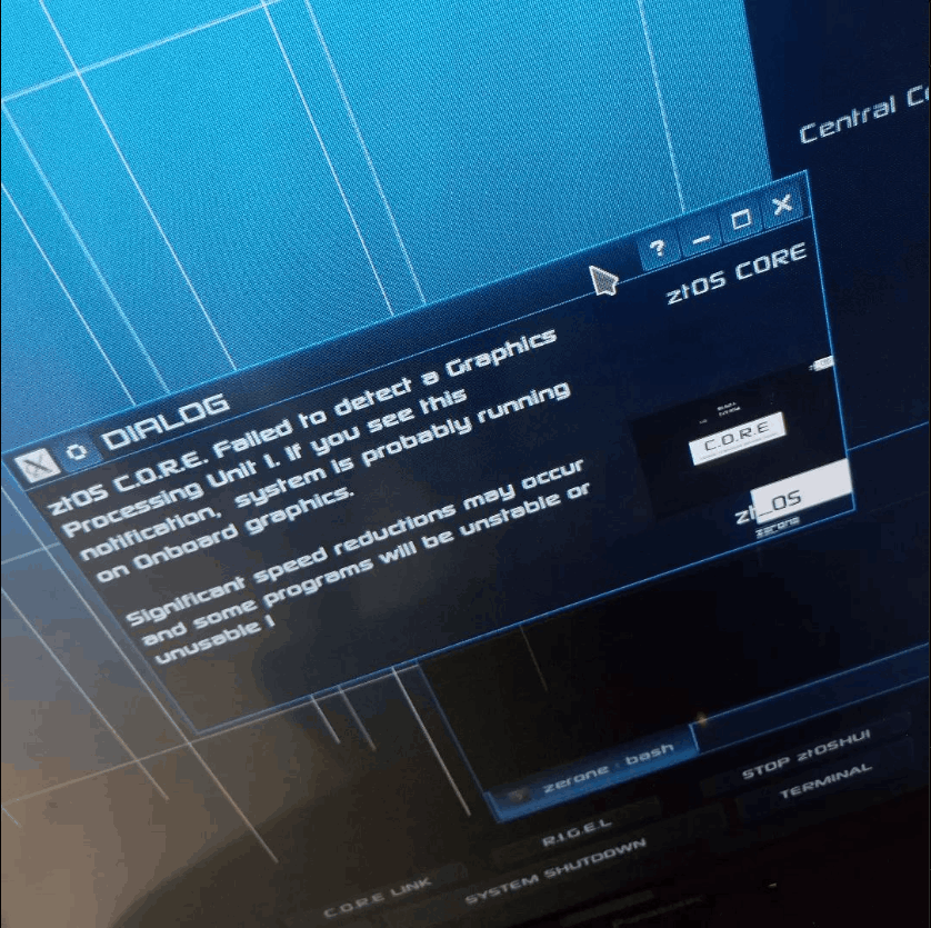 A ztOS dialog saying the CORE failed to detect a graphics processing unit