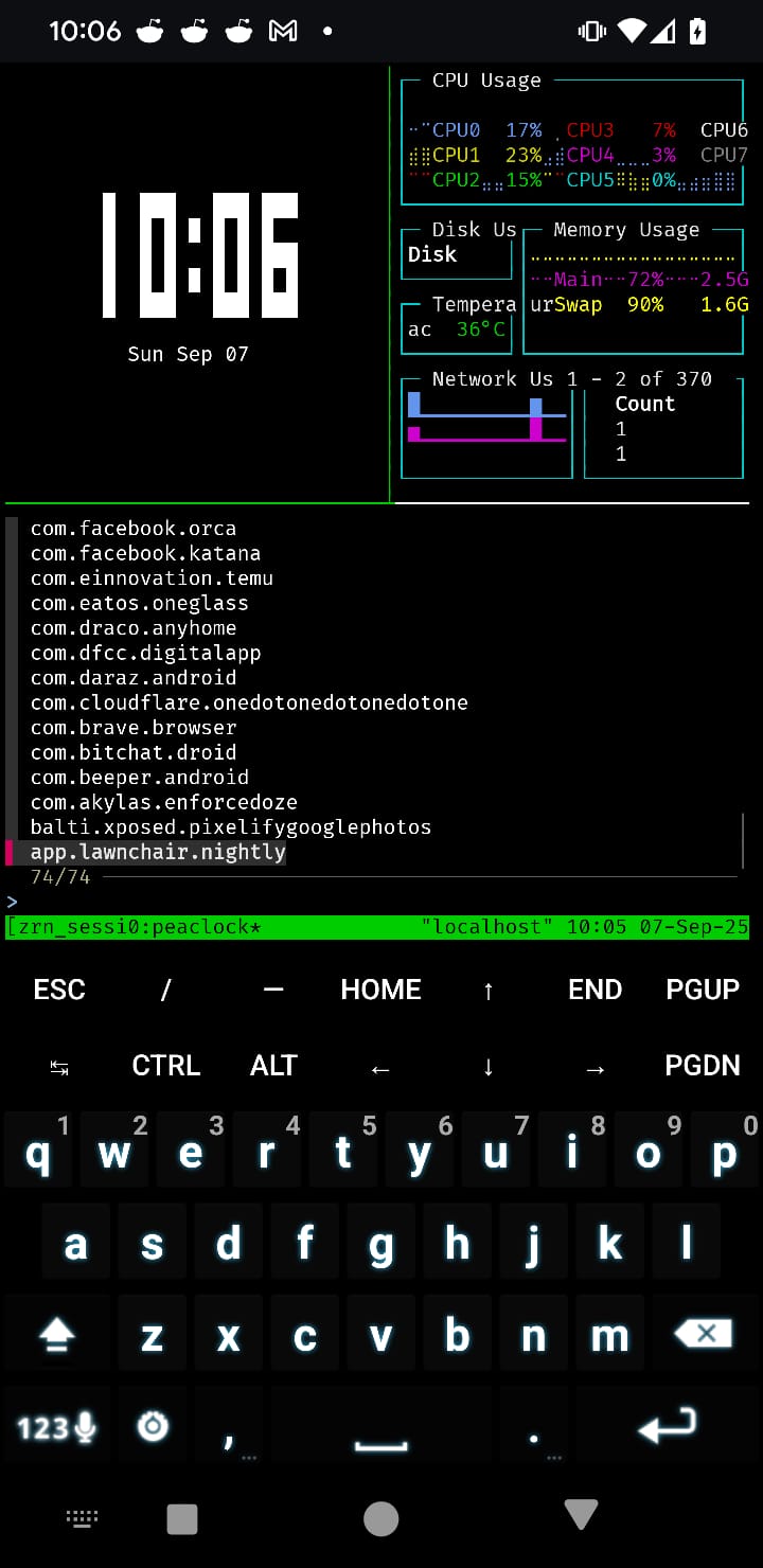 A phone whose home screen is a terminal: a clock, system readouts, a list of apps and a keyboard