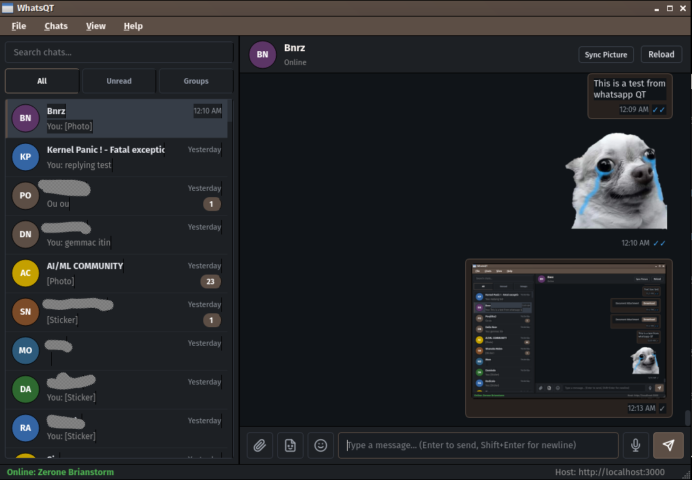 WhatsQT showing a chat list and a conversation