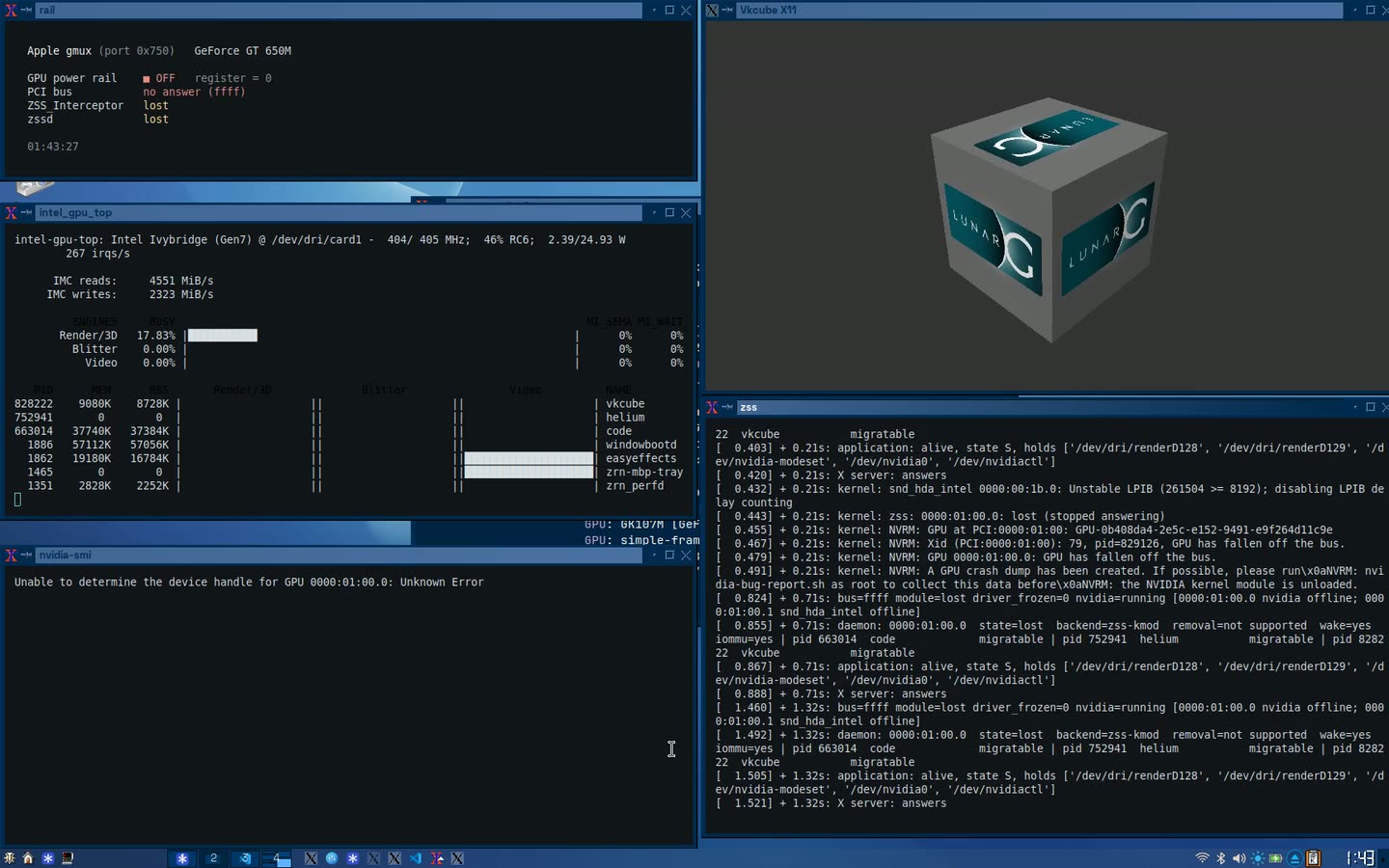 A desktop with a spinning cube, GPU monitors and a panel showing the GPU power rail switched off