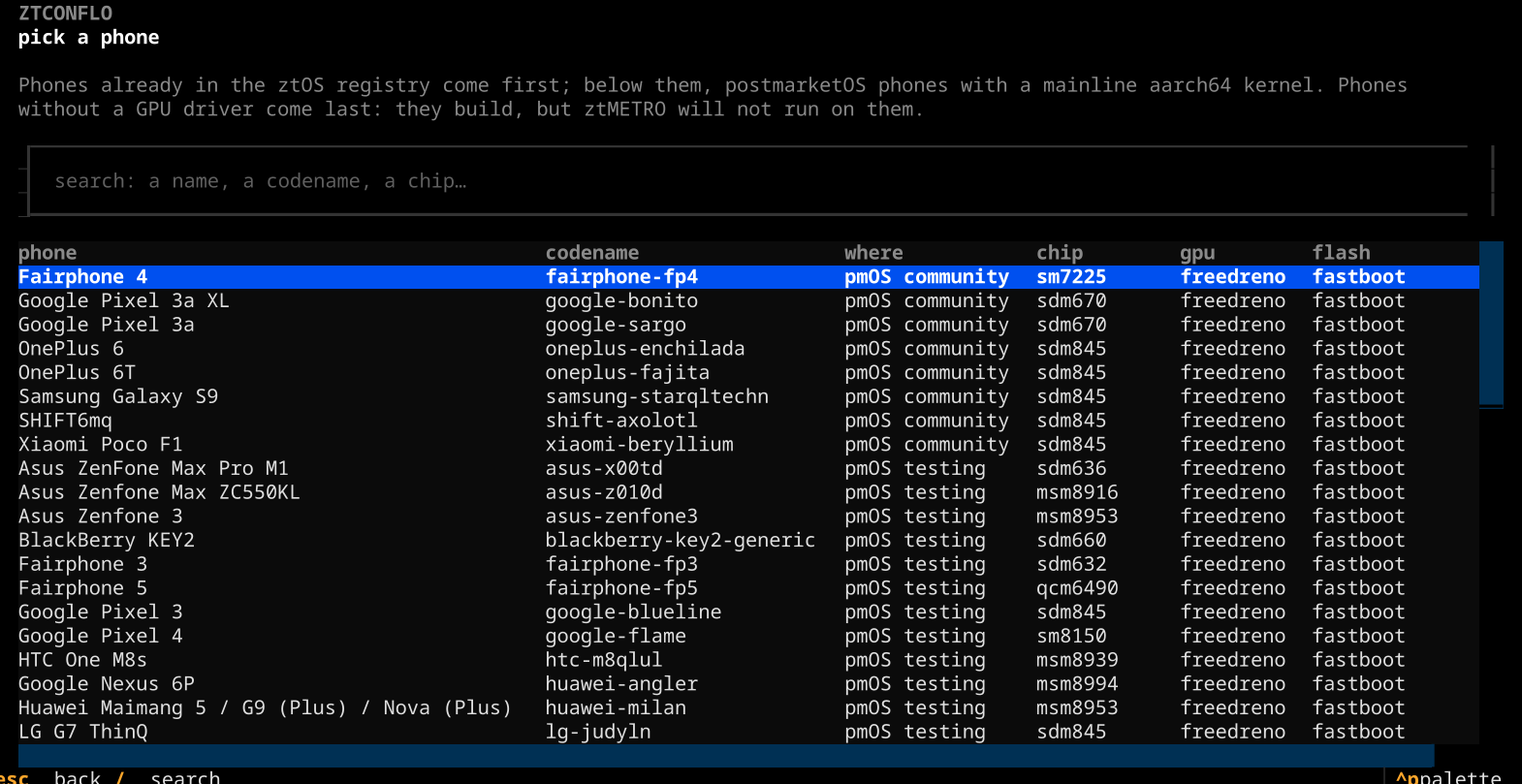 ztConflo's terminal UI listing eligible phones with codename, source, chip, GPU driver and flash method