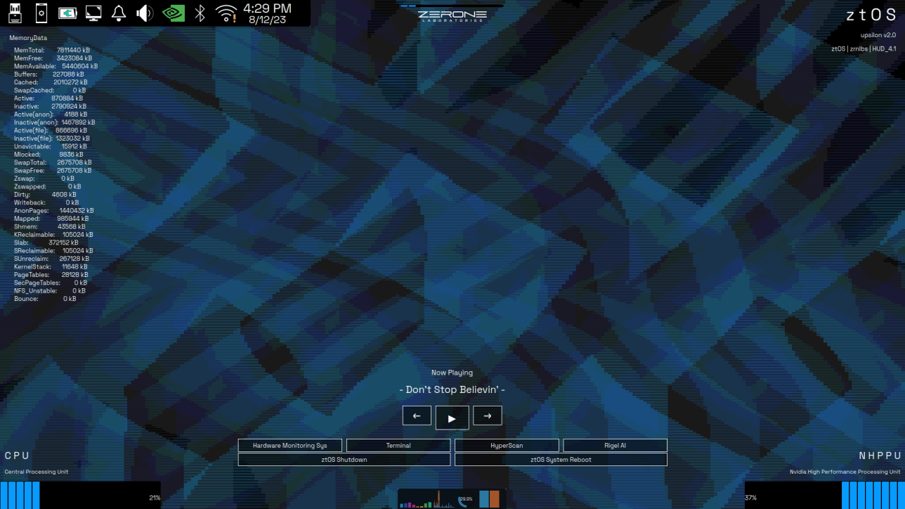 The ztOS desktop with system readouts